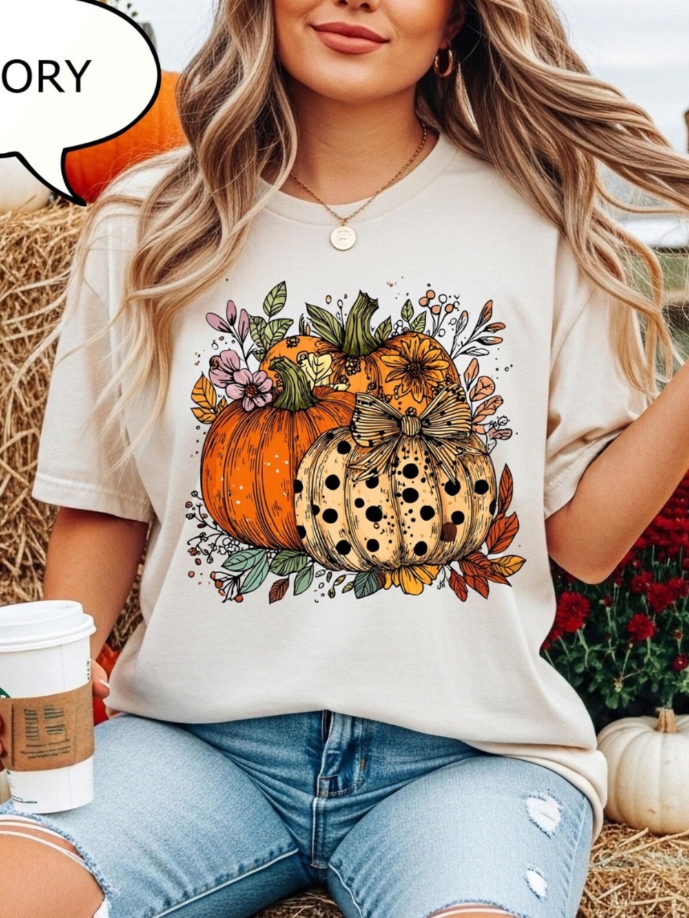Comfort Colors Ivory Tee with Orange and Brown Pumpkin Graphic